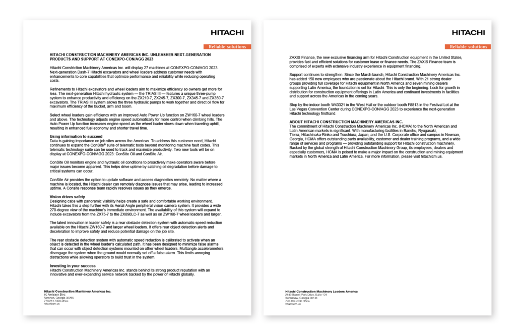 Example of press release on Hitachi letterhead